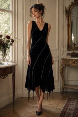 VTG NWT Bobbie Bee Velvet Asymmetrical Hem Dress Black Whimsigoth Dark Romantic